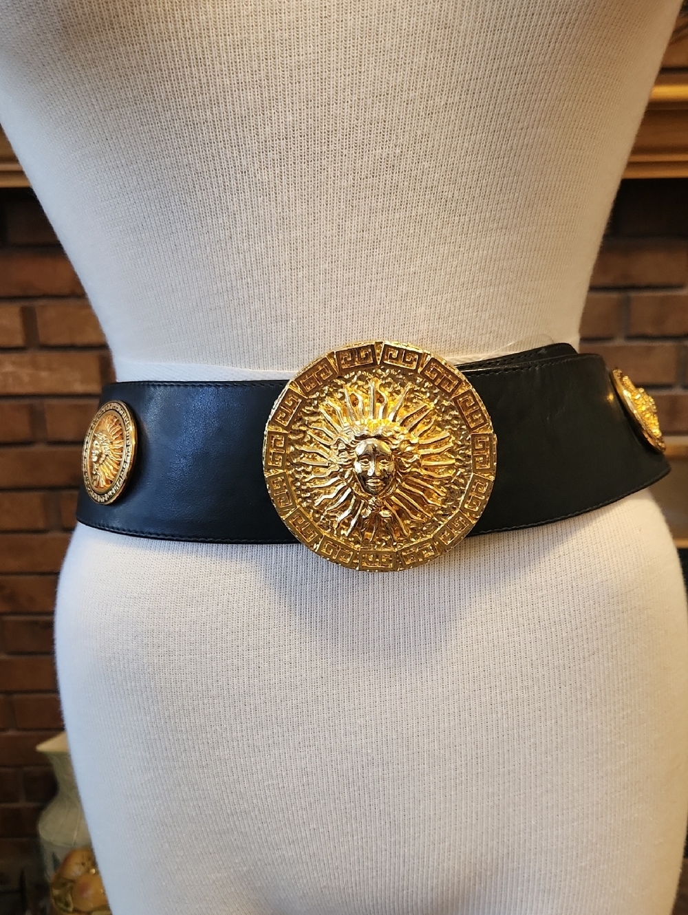 Black Leather Wide Belt Gold Sun Medallion Greek Key Accents ?medusa